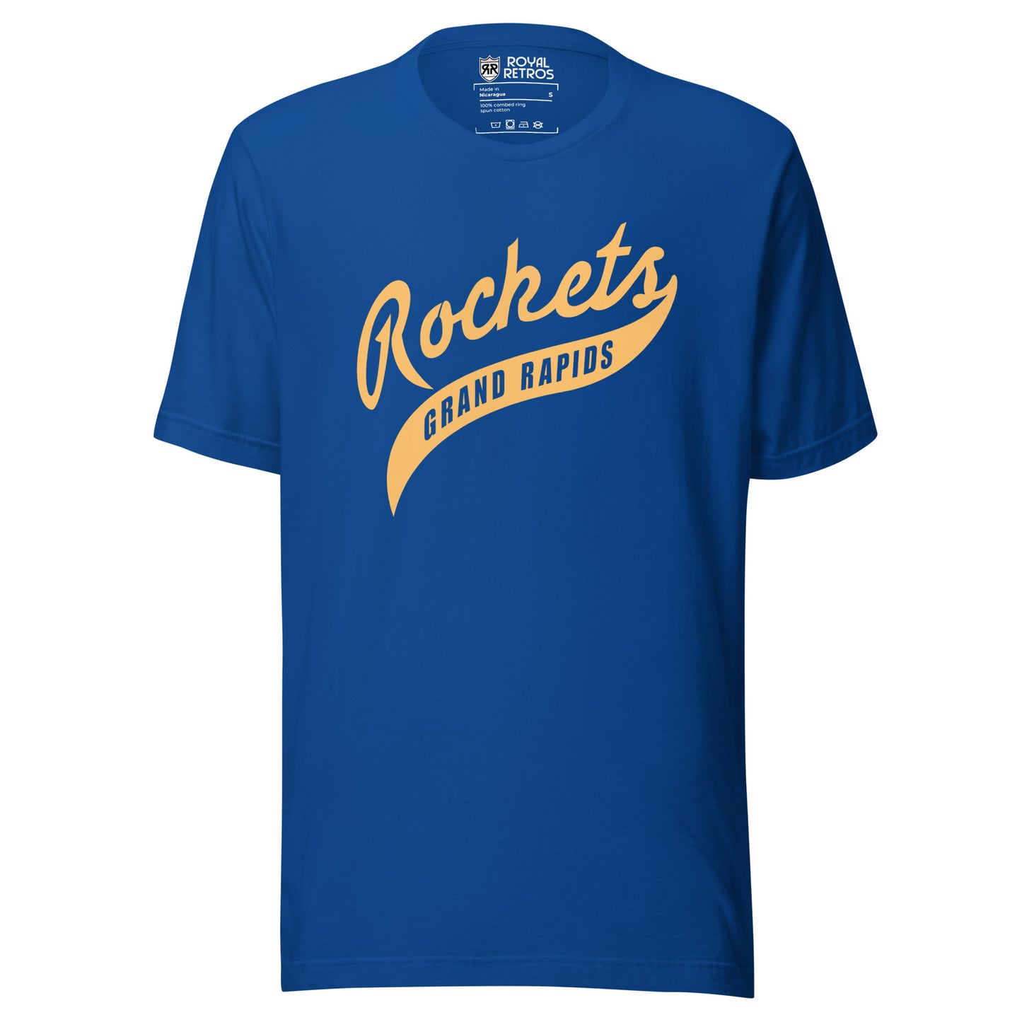 Grand Rapids Rockets hockey T-shirt. Blue. Rockets in script gold, angled. Gold script tale with Grand Rapids inside. Royal Retros 