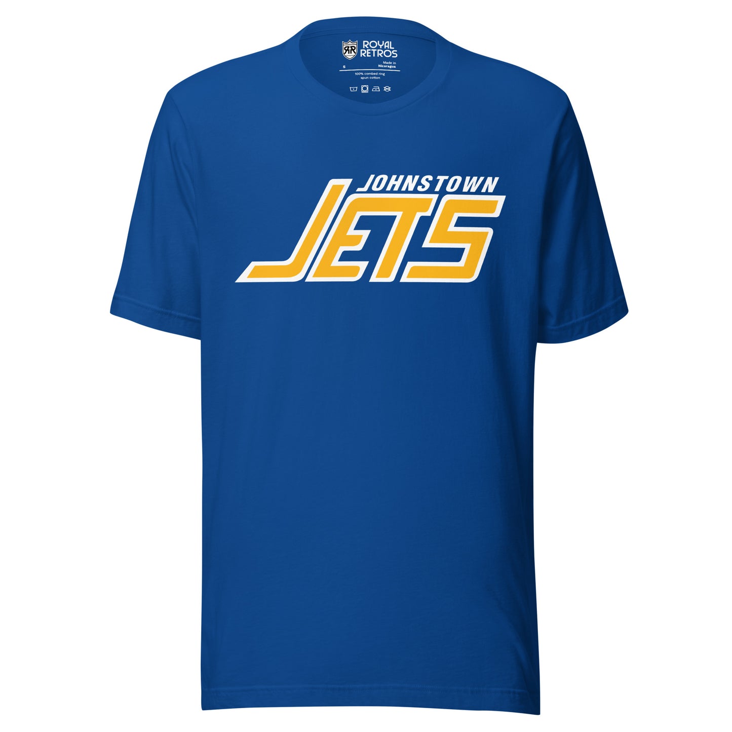 Johnstown Jets hockey T-shirt. Blue. Johnstown small in white, top right, over JETS in gold with white trim large. Royal Retros