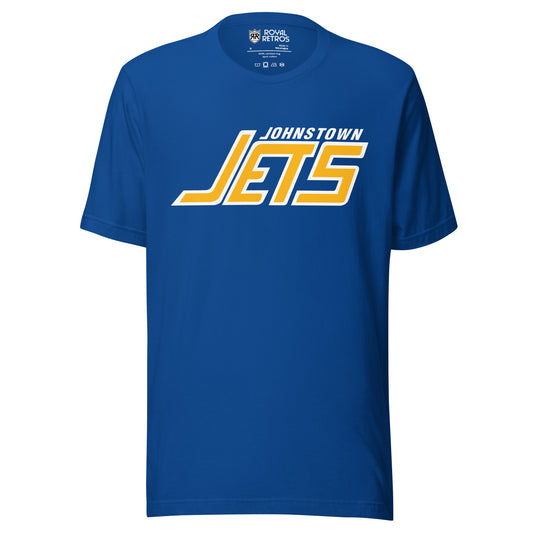 Johnstown Jets hockey T-shirt. Blue. Johnstown small in white, top right, over JETS in gold with white trim large. Royal Retros