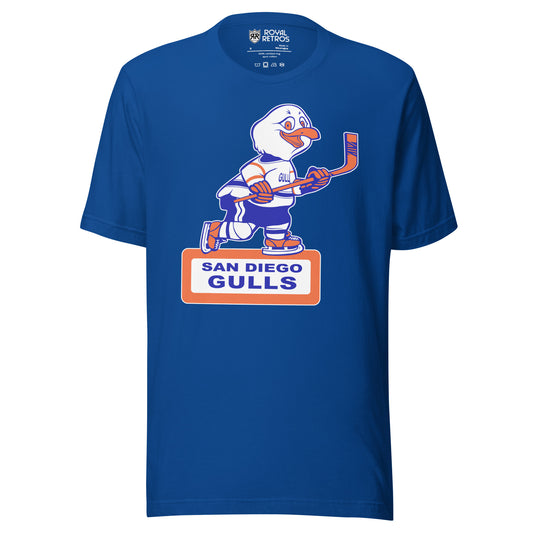 San Diego Gulls T-shirt. Blue. Animated Gull, white with blue and orange trim, skating and holding a hockey stick. Orange box underneath with white background. San Diego in blue above Gulls larger in rectangle. Royal Retros