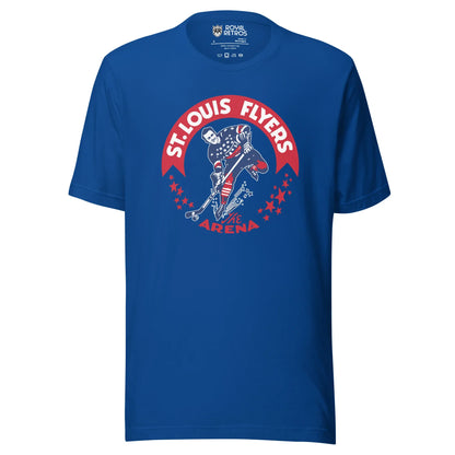 St. Louis Flyers T-shirt. Royal Blue. Red banner arched on chest. St. Louis Flyers in whit inside. Player skating toward viewer in red, white, and blue uniform, about to shoot puck. Red stars on either side below ends of banner. "The Arena" in red at bottom of logo. Royal Retros