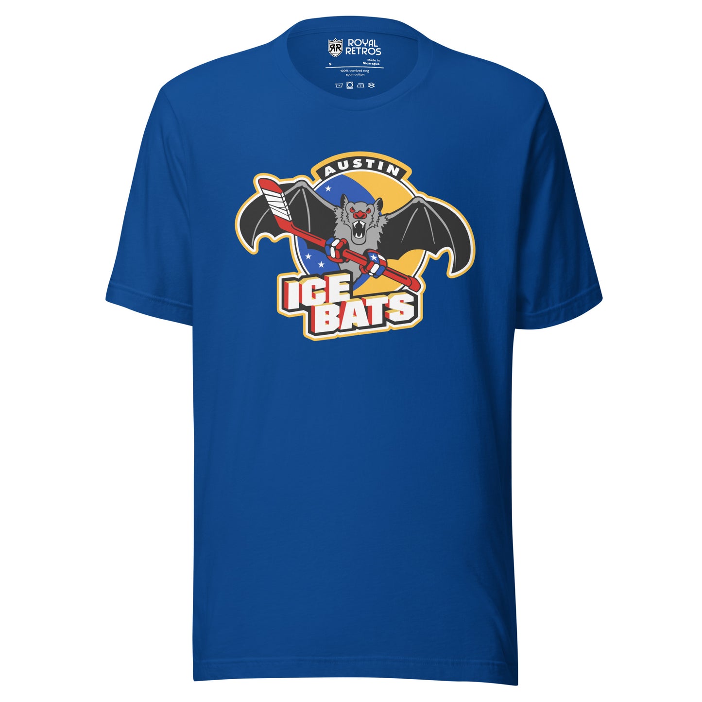 Austin Ice Bats T-shirt. Royal Blue. AUSTIN small in white above bat holding a red hockey stick above large white ICE BATS with red trim. Royal Retros