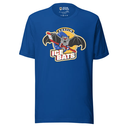 Austin Ice Bats T-shirt. Royal Blue. AUSTIN small in white above bat holding a red hockey stick above large white ICE BATS with red trim. Royal Retros