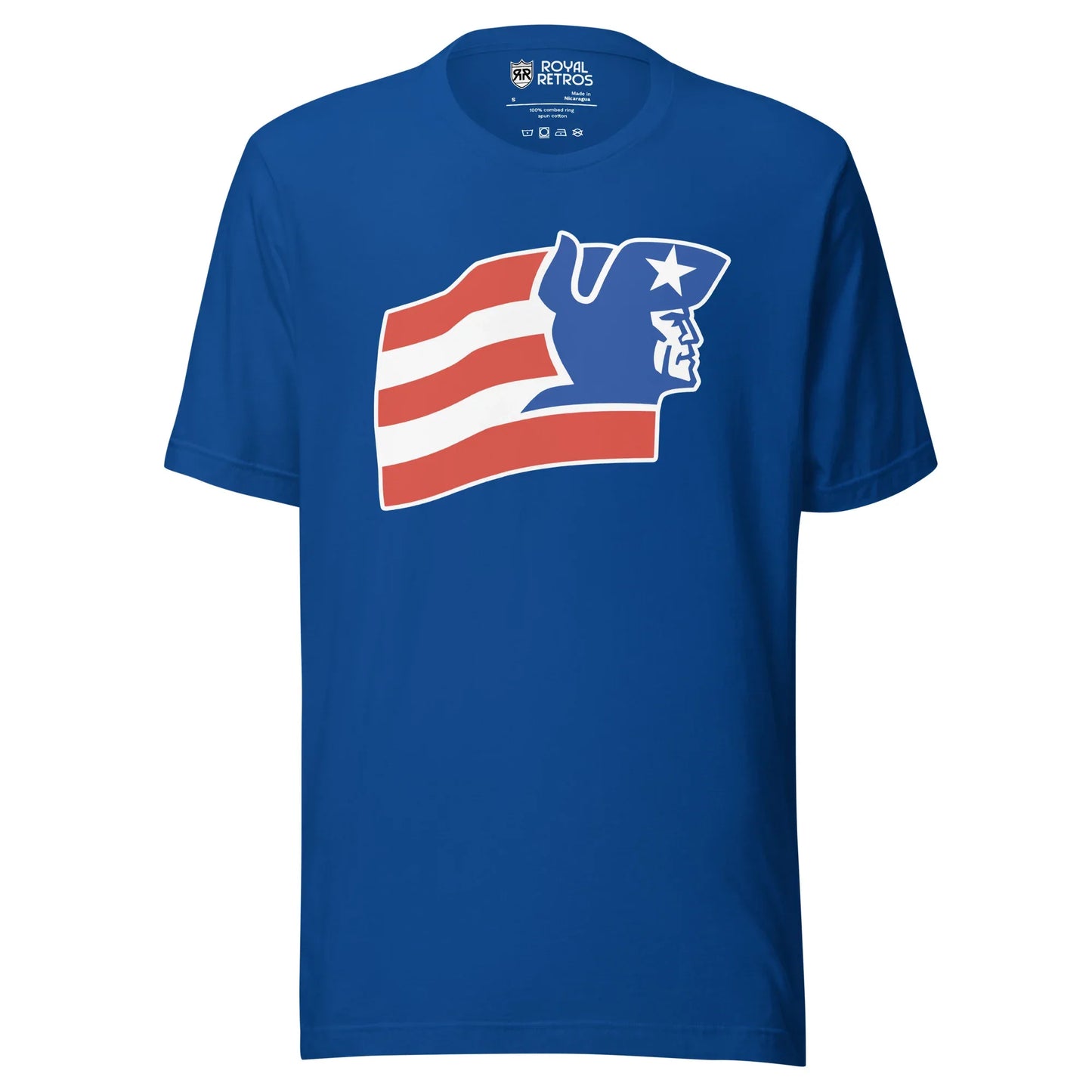 New England Patriots 1978 proposed logo Flyting Elvis T-shirt royal blue. Alternating red an white stripes from US flag. Patriot head in blue and white to the right. Royal Retros