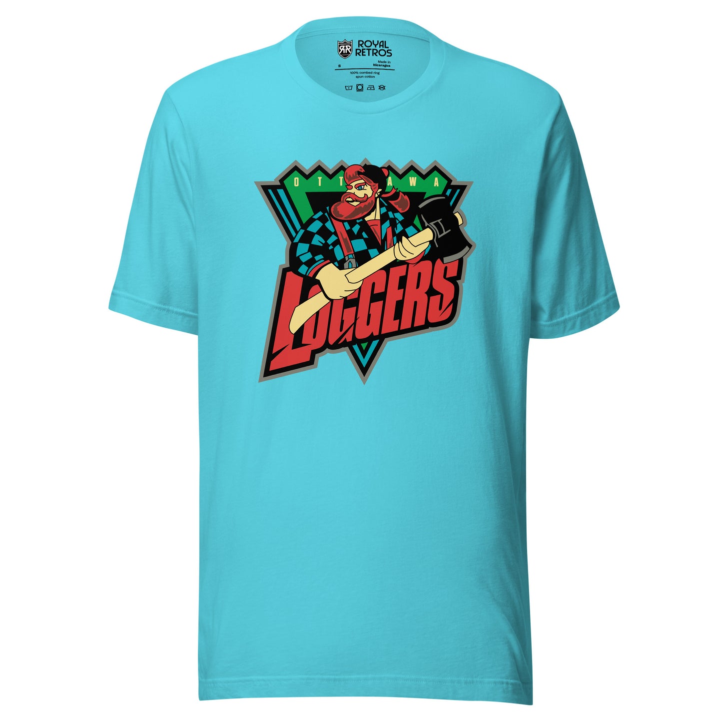 Ottawa Loggers roller hockey T-Shirt. Turquoise. Upside down blue triangle, with jagged green top. Lumberjack chest up holding ax over triangle. OTT and AWA on either side of lumberjack's head on green jagged part. Loggers in red angled below lumberjack over bottom of triangle. Royal Retros.