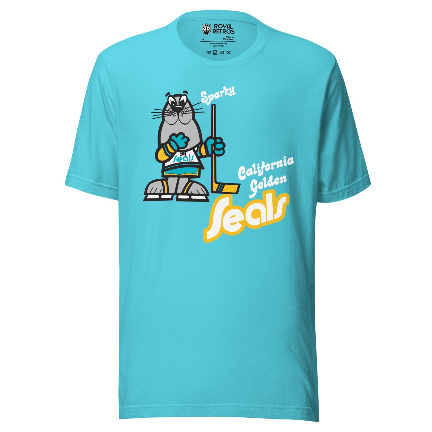California Golden Seals Sparky T-shirt. Turquoise. Gray seal on skates with gold and teal gloves holding a yellow stick. California Golden in teal small to the right of hockey stick blade. Seals below in teal with gold trim lowercase in diablo typeface. Royal Retros