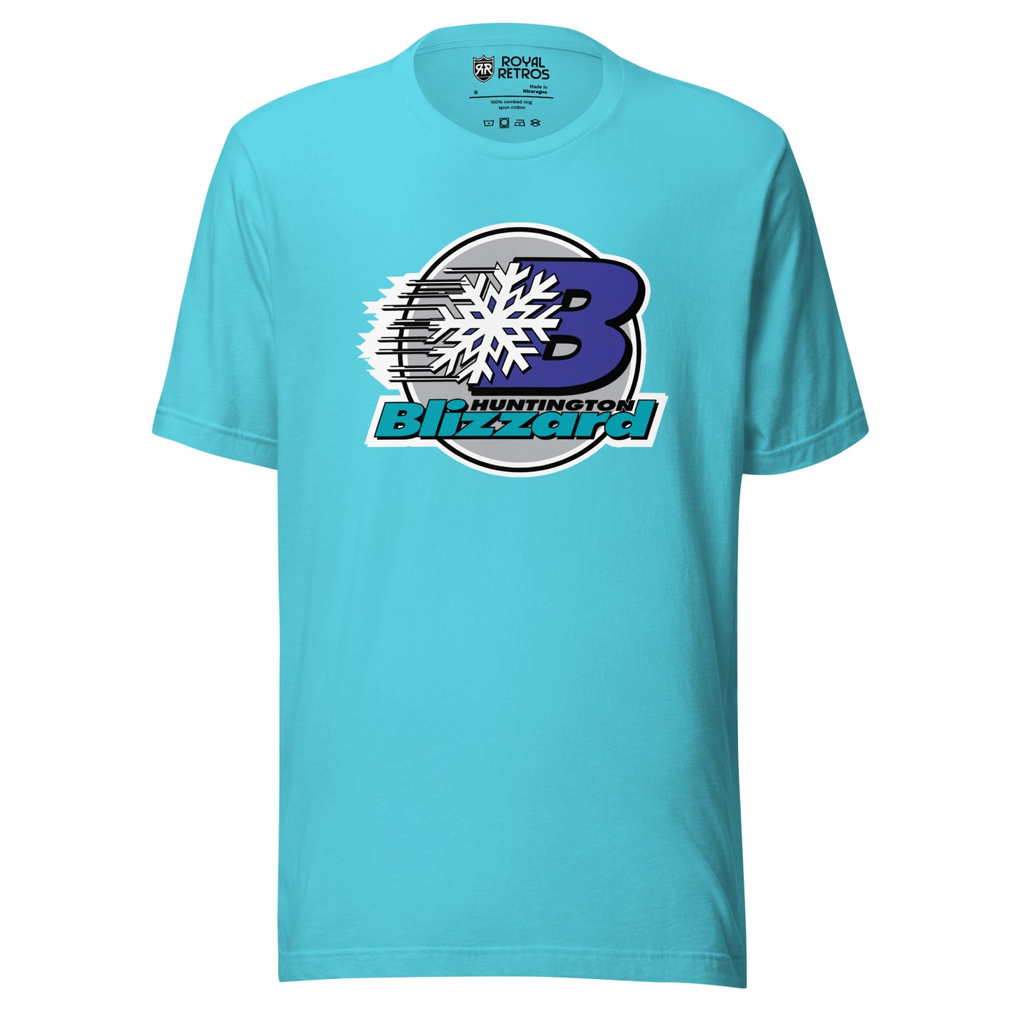 Huntington Blizzard hocket T-shirt. Turquoise. Black circle with white trim. Purple B slightly to the right with black swish marks going to the left. White snowflake on top in middle. HUNTINGTON in black to the lower right but still inside circle. BLIZZARD in aqua across the bottom, sticking out from the circle. Royal Retros