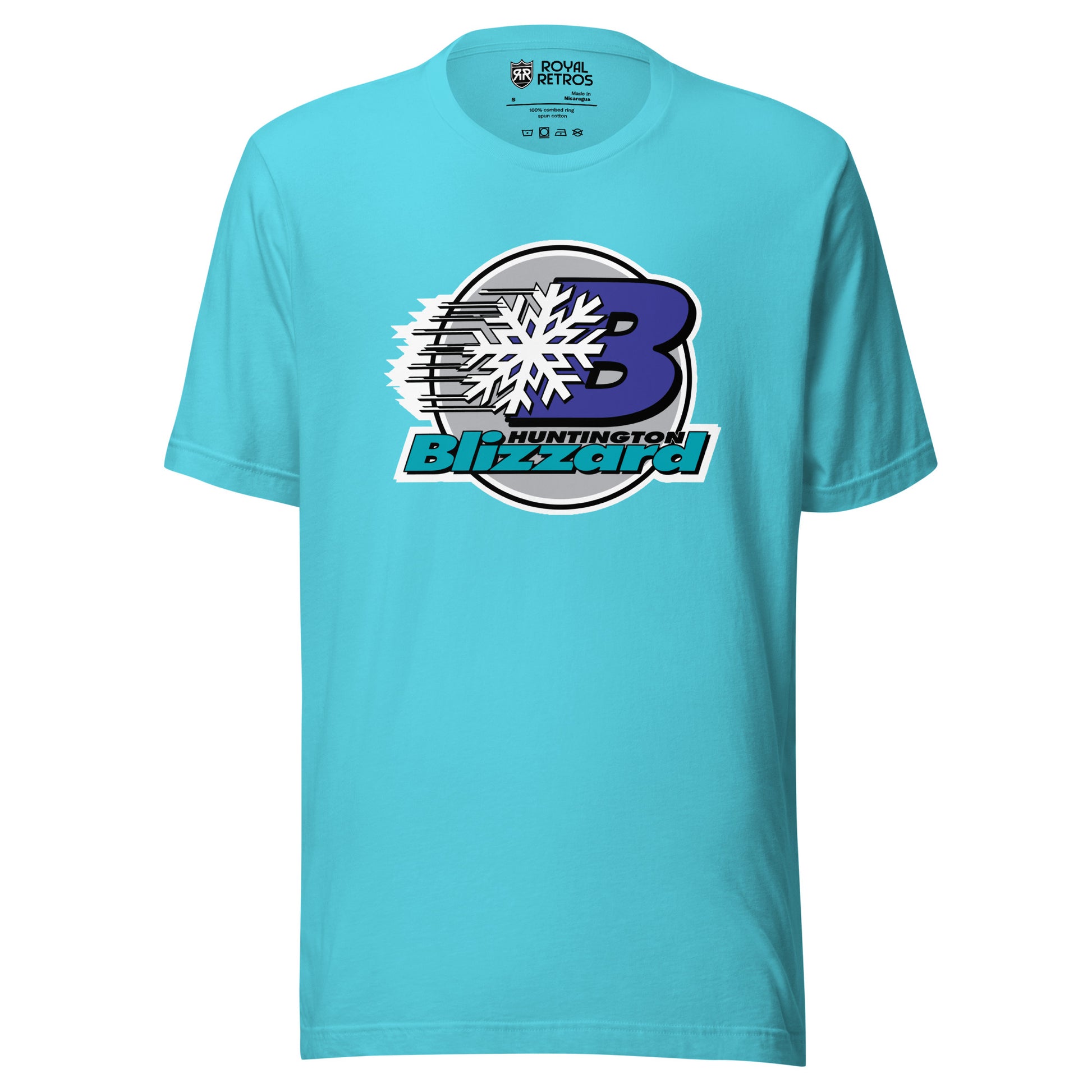Huntington Blizzard hocket T-shirt. Turquoise. Black circle with white trim. Purple B slightly to the right with black swish marks going to the left. White snowflake on top in middle. HUNTINGTON in black to the lower right but still inside circle. BLIZZARD in aqua across the bottom, sticking out from the circle. Royal Retros