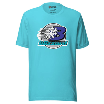 Huntington Blizzard hocket T-shirt. Turquoise. Black circle with white trim. Purple B slightly to the right with black swish marks going to the left. White snowflake on top in middle. HUNTINGTON in black to the lower right but still inside circle. BLIZZARD in aqua across the bottom, sticking out from the circle. Royal Retros