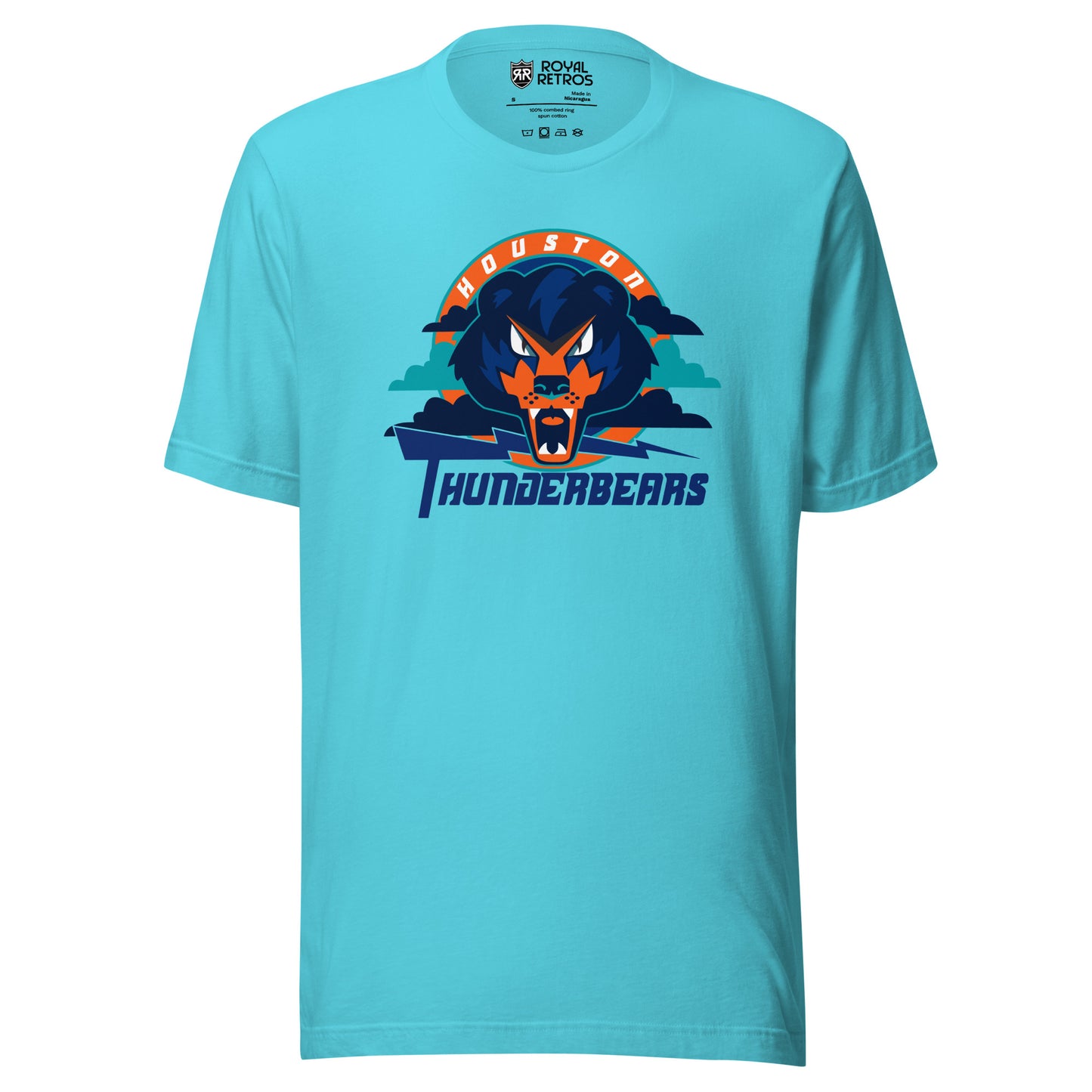 Houston ThunderBears arena football league T-shirt. Turquoise. Houston arched in white on orange background. Angry bear face over teal and blue clouds. Purple lightning bolt going to the right. Thunderbears in purple below. Royal Retros