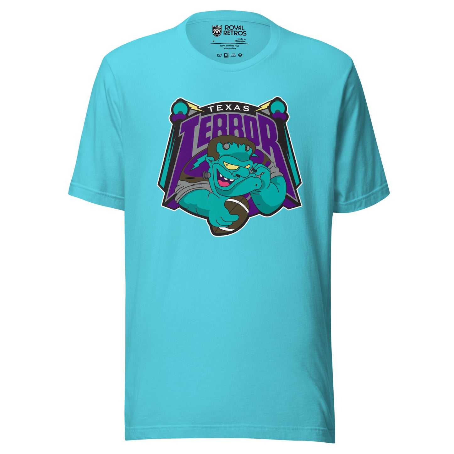 Texas Terror Arena Football League T-shirt. Turquoise. Texas small in white above purple, large Terror, with T and R extending down. Terror is above a cartoon Frankenstein from the shoulders up, open-mouth grin and holding a football in his right hand. Orbs on sticks on either side of logo. Royal Retros