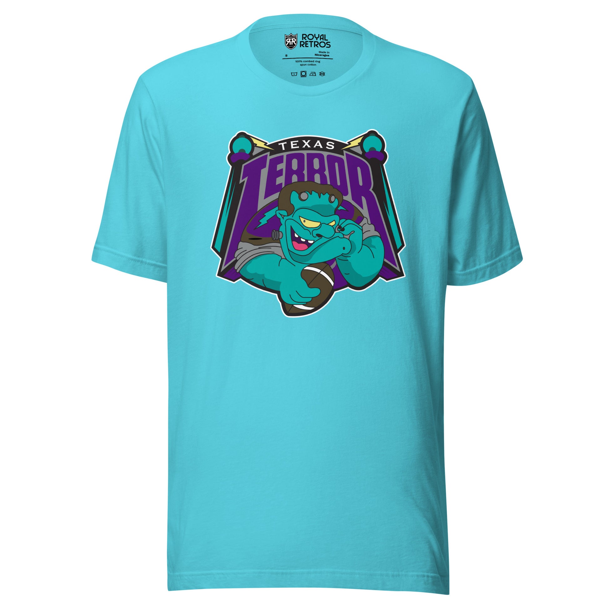 Texas Terror Arena Football League T-shirt. Turquoise. Texas small in white above purple, large Terror, with T and R extending down. Terror is above a cartoon Frankenstein from the shoulders up, open-mouth grin and holding a football in his right hand. Orbs on sticks on either side of logo. Royal Retros