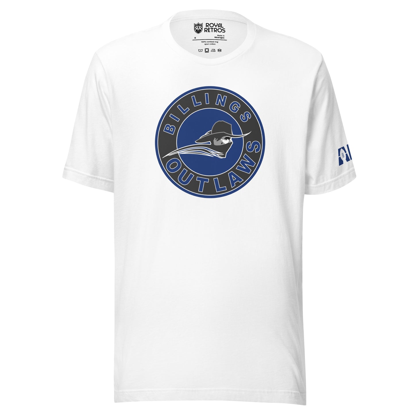 Billings Outlaws T-shirt. White. Circle logo black outer circle, Billings in Blue above, Outlaws in blue below. Blue inner circle with masked cowboy, neck up, facing right. Royal Retros