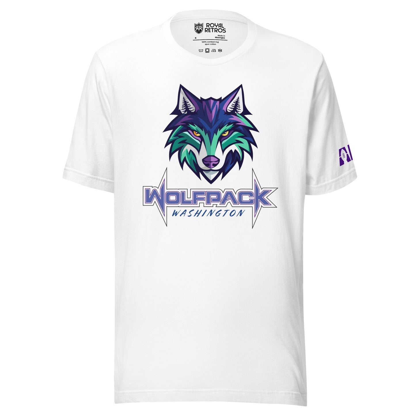 Washington Wolfpack T-shirt. White. Light purple, dark purple, and teal wolf face over WOLFPACK in purple with white trim. Washington smaller in purple right below. Royal Retros