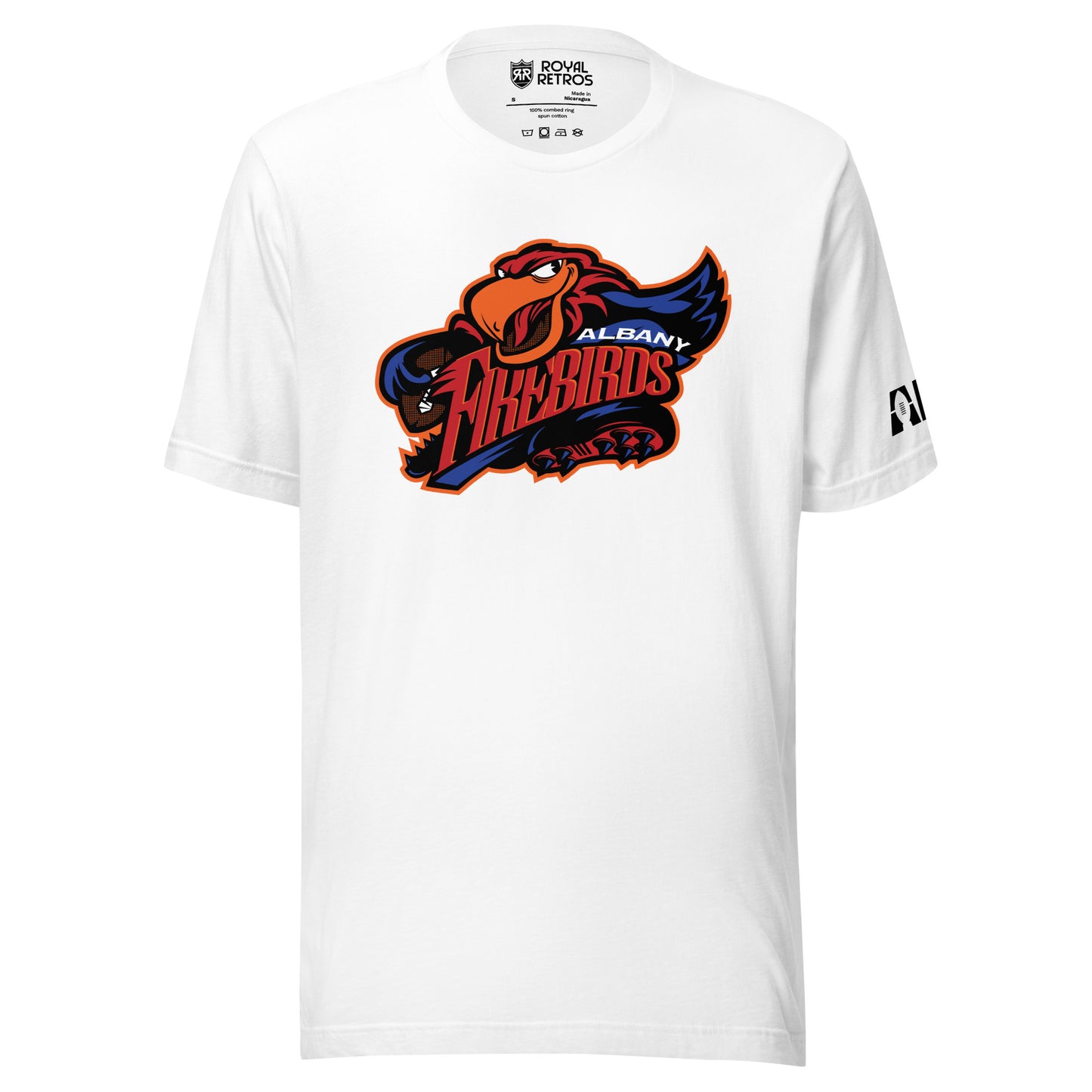 Albany Firebirds T-shirt. White. Cartoon bird with Firebirds in red between open wings. Albany top right in white over Firebirds. Royal Retros