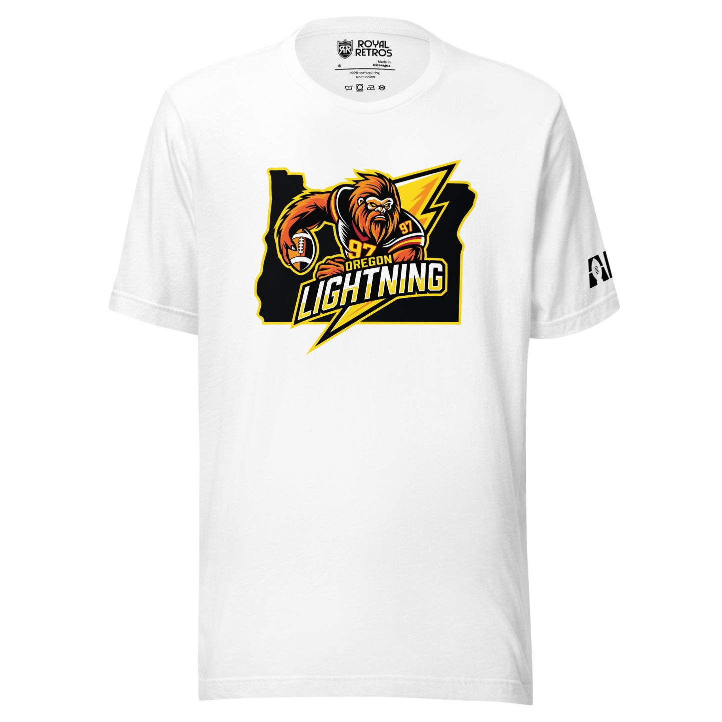 Oregon Lightning T-shirt. White. Logo in center is outline of Oregon in black with Bigfoot in black jersey with gold numerals holding football over lightning bolt to right. Oregon in yellow, small, above Lightning large in white and gold. Royal Retros