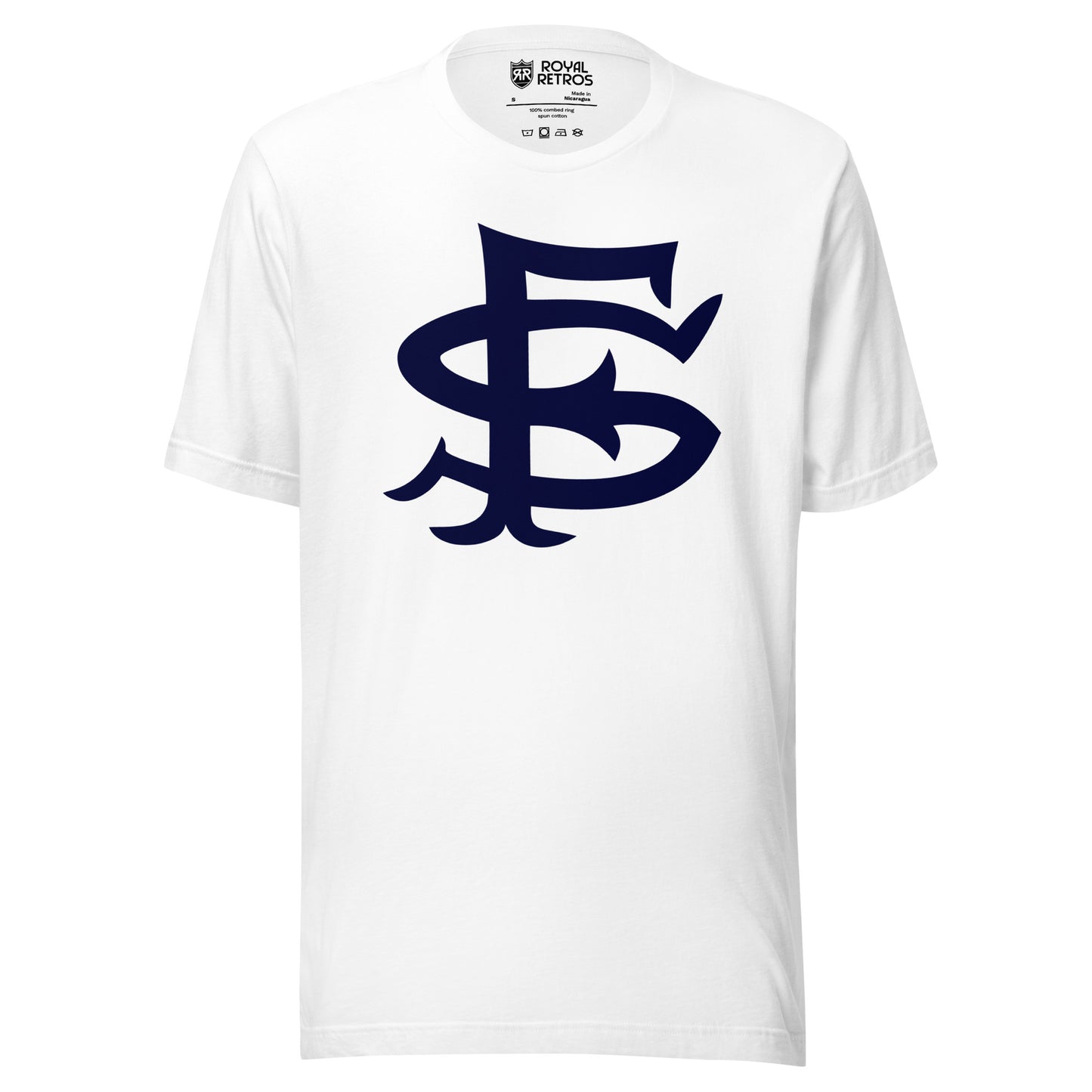 San Francisco Seals with large blue interlocking SF on white tee Royal Retros