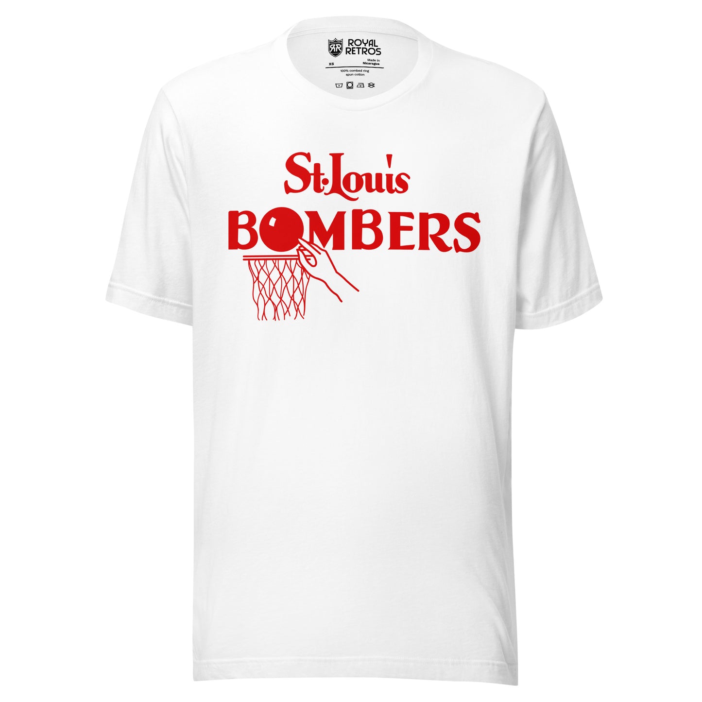 St. Louis Bombers T-shirt white. St. Louis in red above bombers in red. O is a basketball with net below. Royal Retros