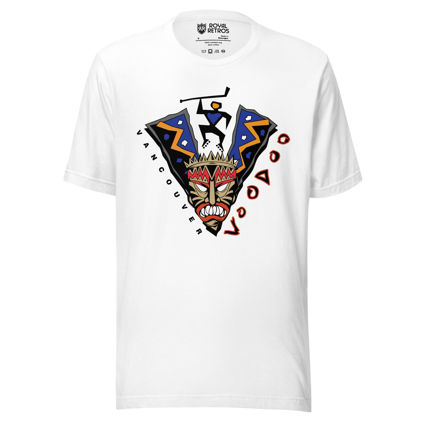 Vancouver Voodoo roller hockey T-shirt. White. V-shaped voodoo mask. Stick-like figure holding hockey stick in gap of V. Vancouver in white down left side, Voodoo in red with white trim going up right side. Royal Retros