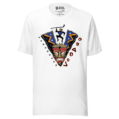 Vancouver Voodoo roller hockey T-shirt. White. V-shaped voodoo mask. Stick-like figure holding hockey stick in gap of V. Vancouver in white down left side, Voodoo in red with white trim going up right side. Royal Retros