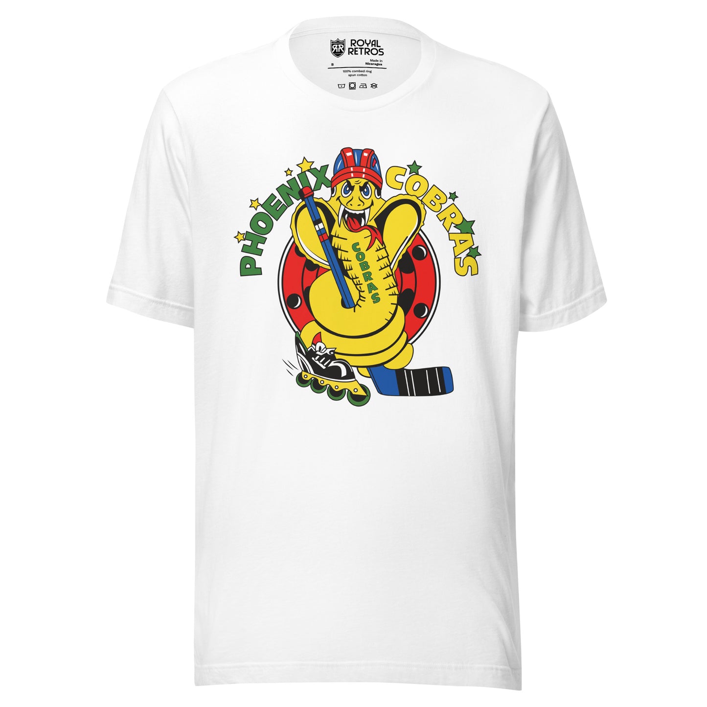 Phoenix Cobras roller hockey T-Shirt. White. Phoenix in green arched on left, yellow Cobras arched on right. Yellow cobra between holding hockey stick and wearing a red and blue helmet and holding a blue hockey stick. Royal Retros