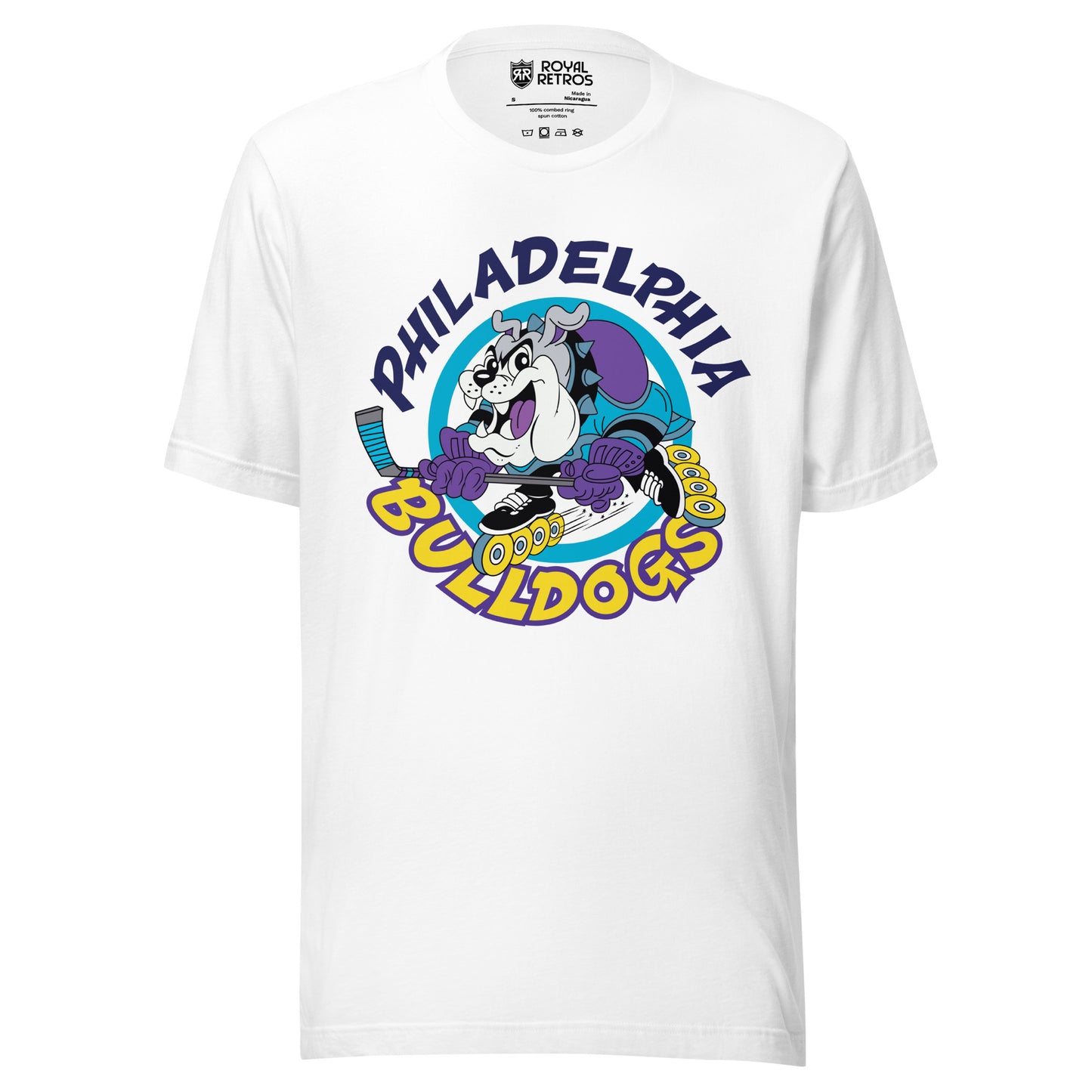 Philadelphia Bulldogs Roller Hockey -shirt. White. Philadelphia in dark purple arched over cartoon bulldog inline skating with hockey stick, going to the left. Bulldogs arched up in yellow below. Royal Retros