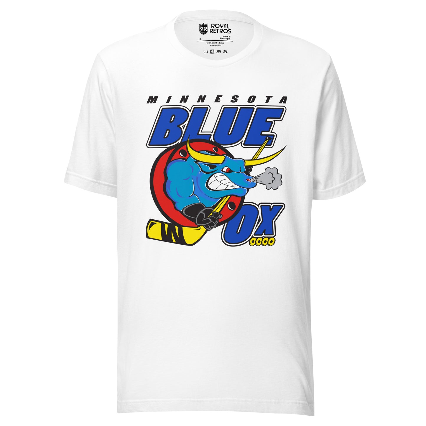 Minnesota Blue Ox roller hockey T-shirt. white. Minnesota in black above large BLUE. Blue Ox below with hockey stick. OX in blue to the right with four gold wheels underneath. Royal Retros