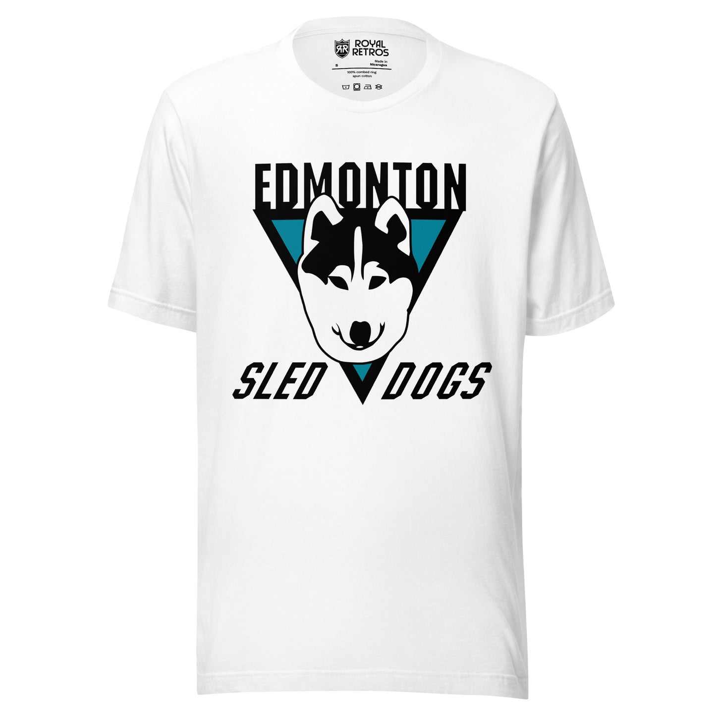 Edmonton Sled Dogs roller hockey T-Shirt. White. Black upside-down triangle. Husky face over top. Edmonton in black above triangle. Sled and Dogs on either side of bottom of triangle. Royal Retros