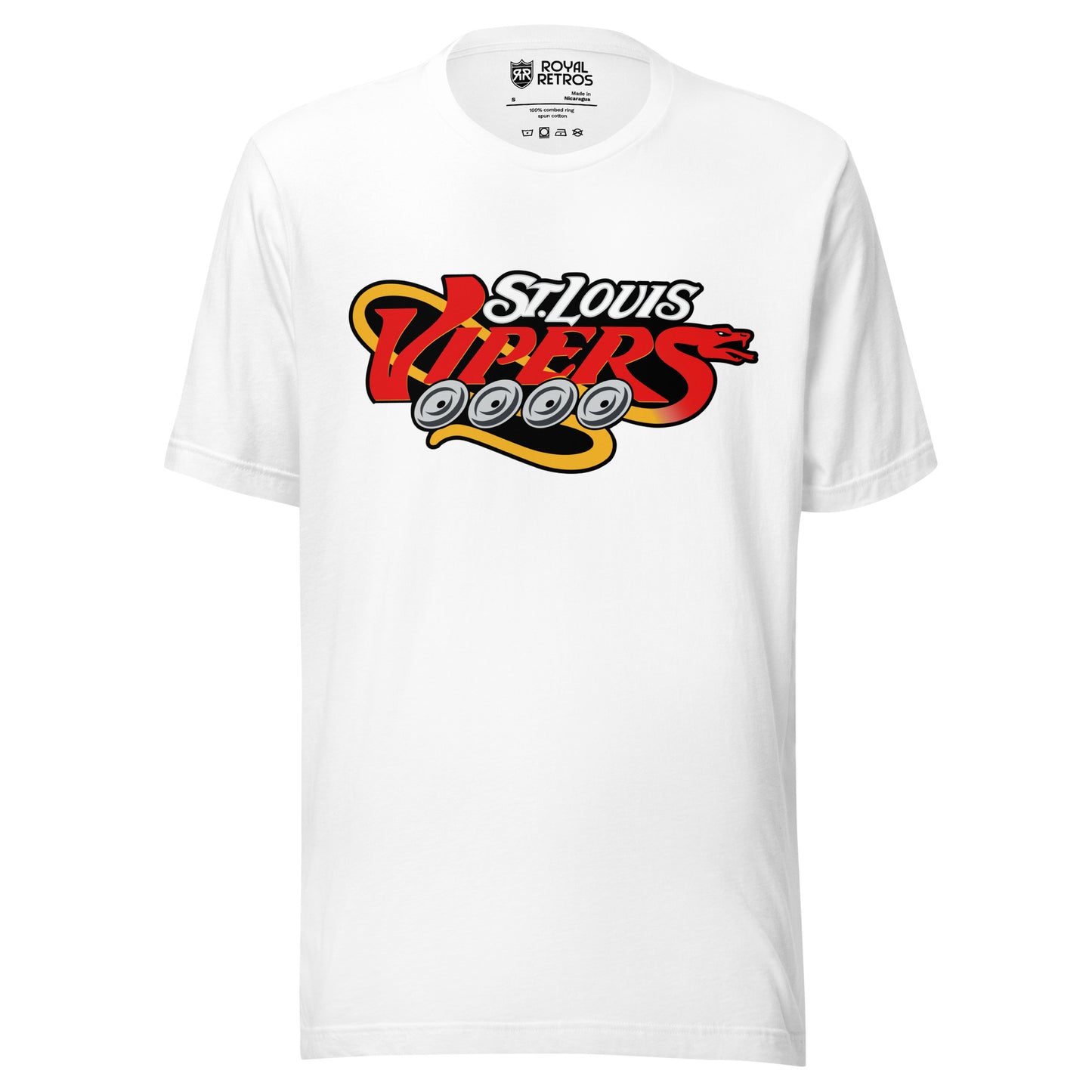St. Louis Vipers roller hockey T-Shirt. White. St. Louis in silver. Vipers, larger, below in red with four silver wheels underneath. Gold tail snaking off end of S in Vipers and curling around V. Royal Retros