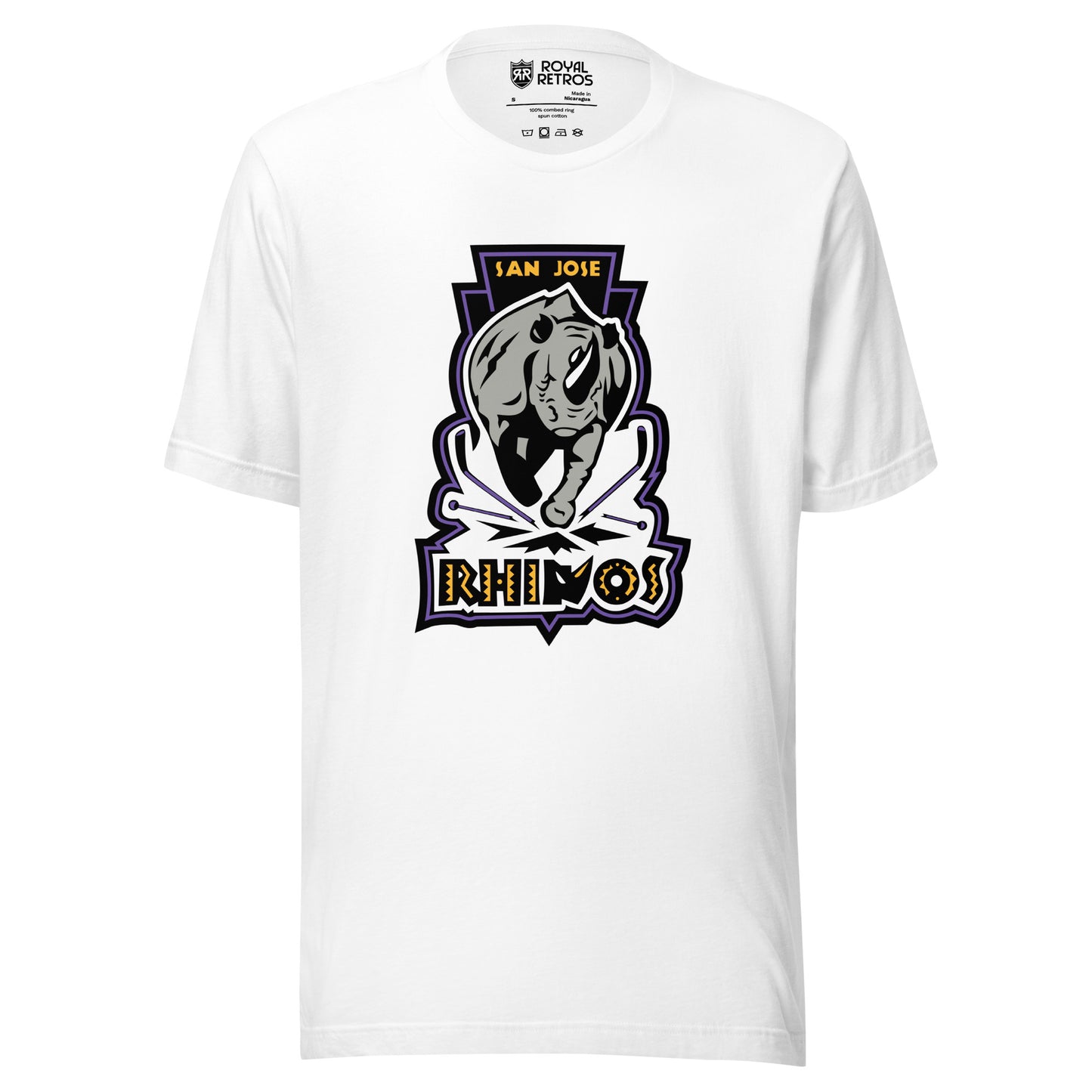 San Jose Rhinos Roller hockey T-Shirt. White. Charging Rhino. San Jose in gold above. To hockey sticks crossed below legs. Rhinos in caps underneath. Royal Retros