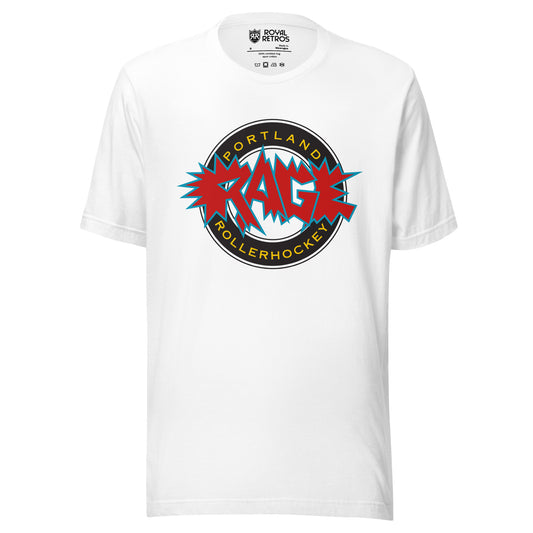 Portland Rage roller hockey T-Shirt white. Black circle, white inside. Portland in gold in top of circle, Rollerhockey below. Rage in red outlined in blue with bursts over circle. Royal Retros