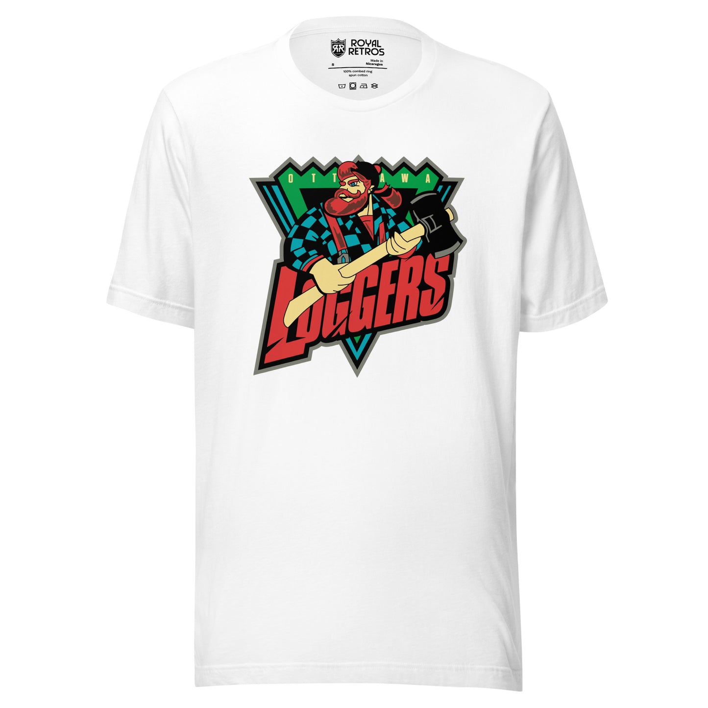 Ottawa Loggers roller hockey T-Shirt. White. Upside down blue triangle, with jagged green top. Lumberjack chest up holding ax over triangle. OTT and AWA on either side of lumberjack's head on green jagged part. Loggers in red angled below lumberjack over bottom of triange. Royal Retros.