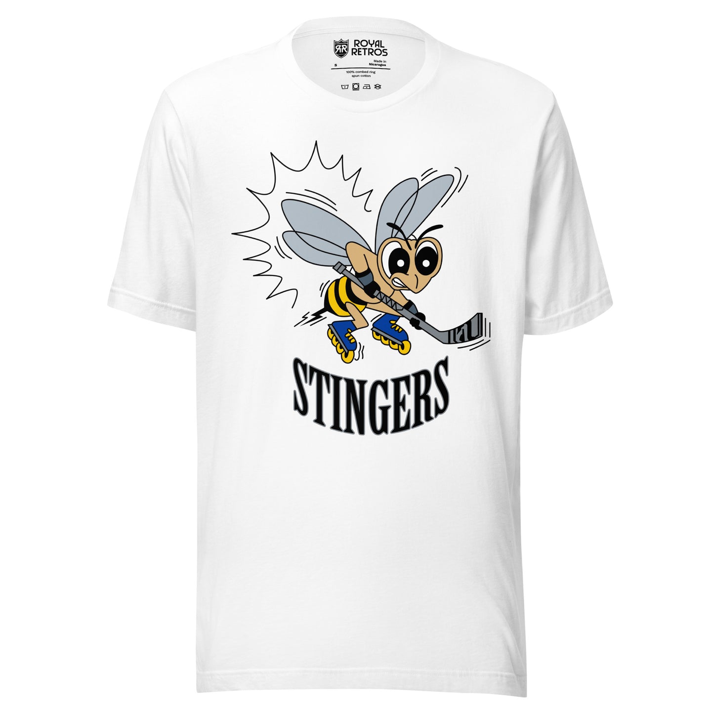 New England Stingers roller hockey T-Shirt. White. Frowning cartoon bee with hockey stick. Stingers in black, curved upward, below bee. Royal Retros