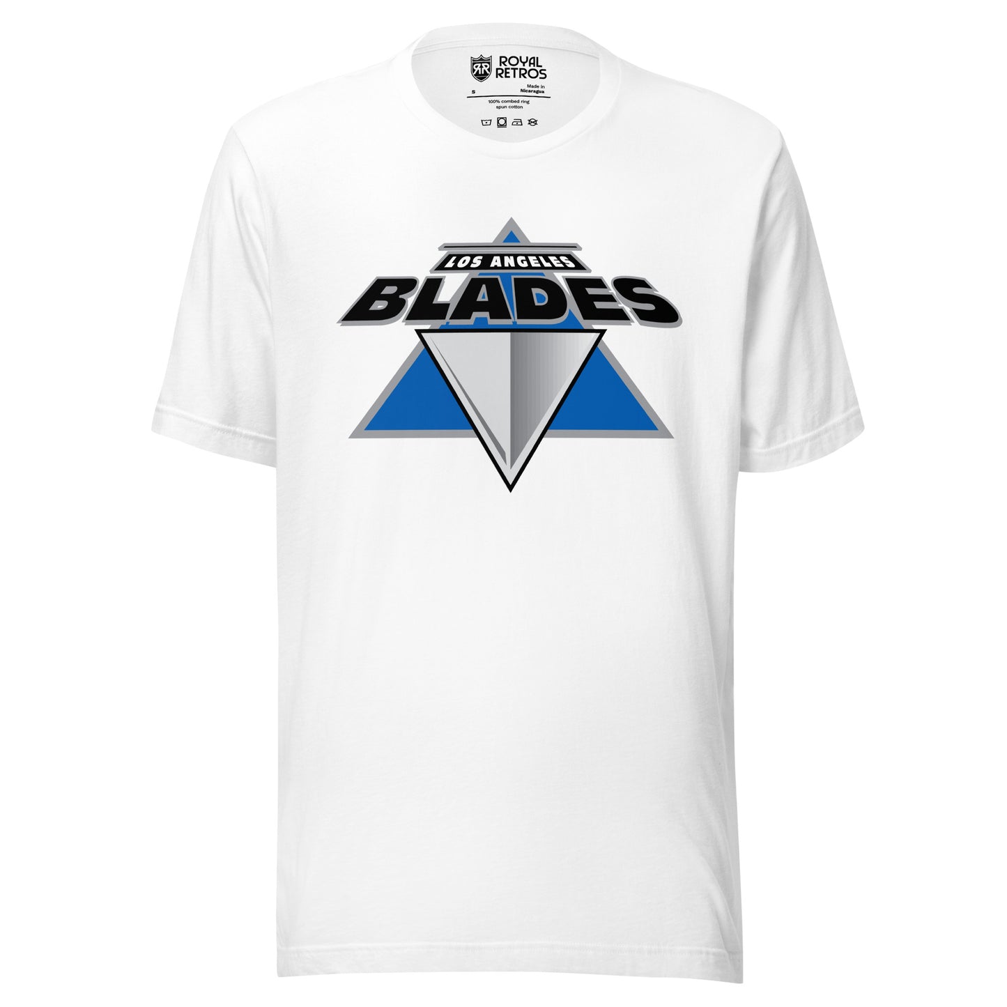 Los Angeles Blades roller hockey T-Shirt. White. Blue triangle, with silver triangle in middle pointing down. Los Angeles in white, small above larger Blades in black. Royal Retros