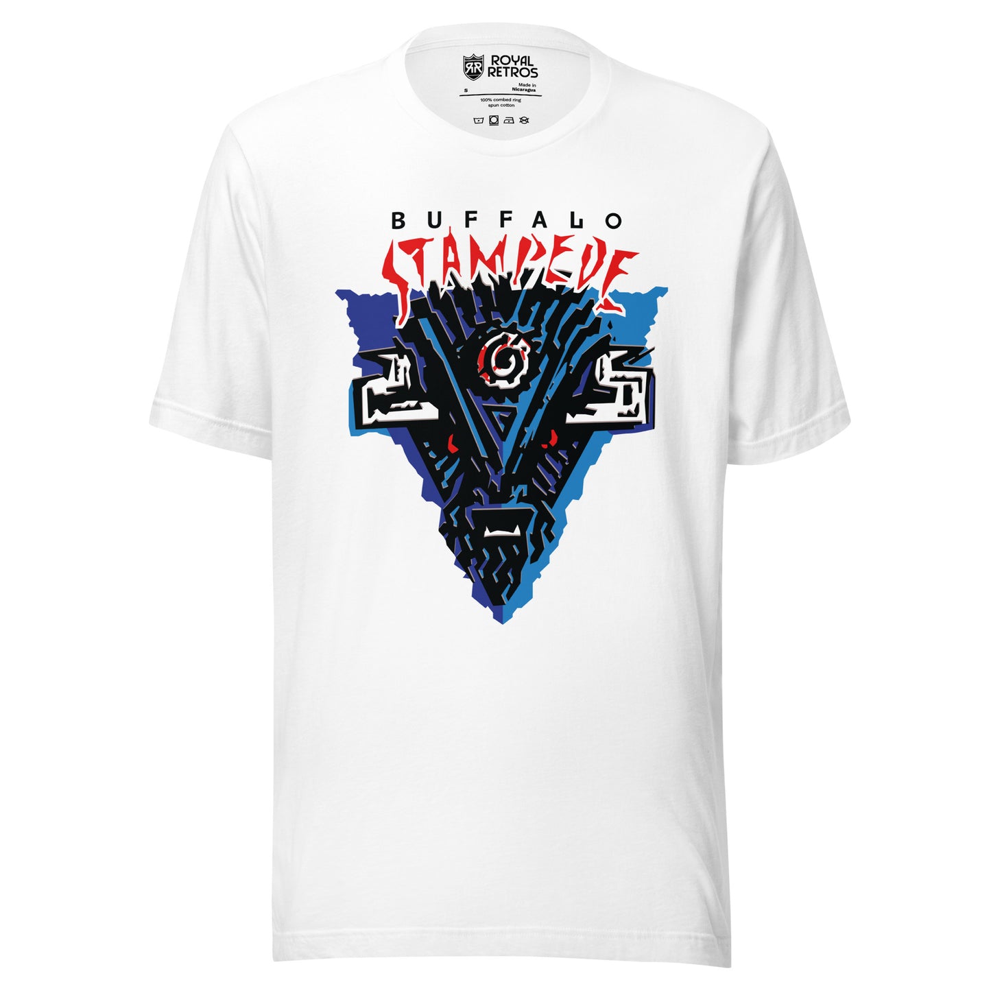 Buffalo Stampede logo T-Shirt. White. Stylized Buffalo head straight on in blue and black. Stampede in red outlined on white above. Royal Retros