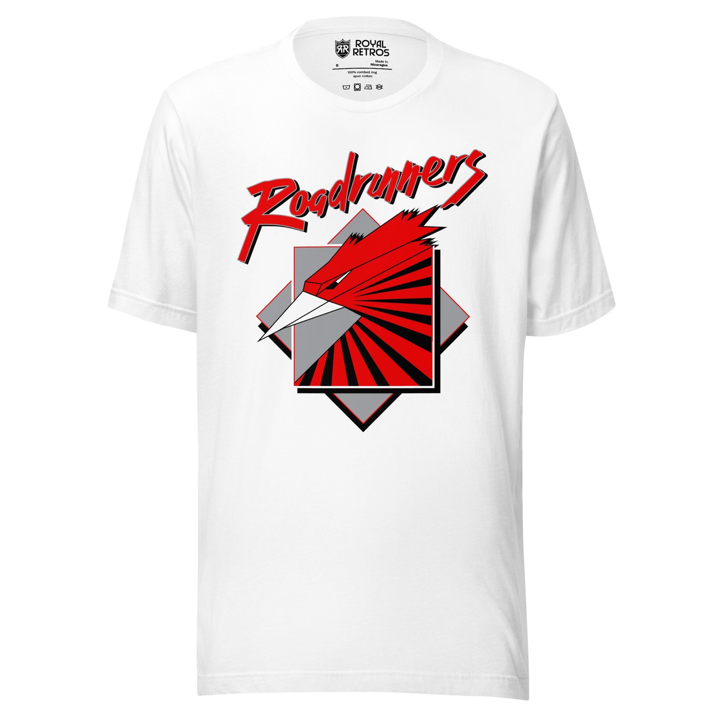 Montreal Roadrunners roller hockey T-shirt. White. Stylized roadrunner head facing left. Silver beak, red and black feathers in gray square over gray diamond. Stylized Roadrunners across top in red at an angle. Royal Retros