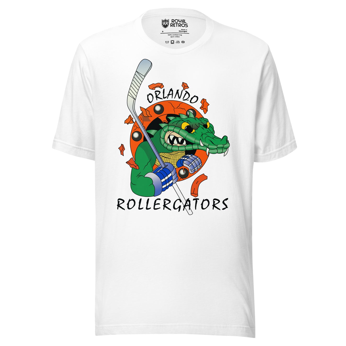 Orlando Rollergators roller hockey T-shirt.  White. Menacing gator head over red circle. Gator is holding a hockey stick. Royal Retros.
