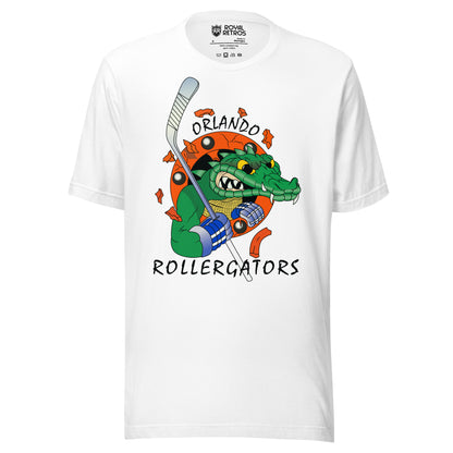 Orlando Rollergators roller hockey T-shirt.  White. Menacing gator head over red circle. Gator is holding a hockey stick. Royal Retros.