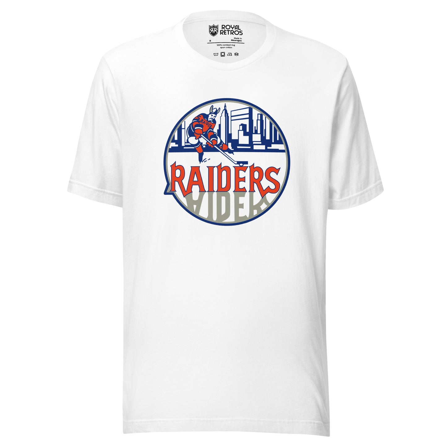 New York Raiders WHA T-shirt. White. Logo on chest. White circle, with hockey player skating in front of Manhattan Skyline in blue. Raiders in orange below skater, reflected in gray below. Royal Retros