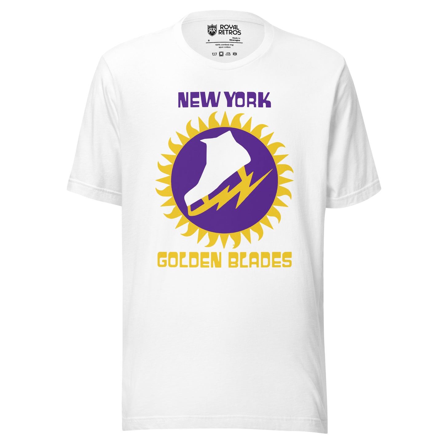 New York Golden Blades WHA T-shirt. White.  Logo: New York in purple above gold jagged circle, purple background inside with white skate with jagged gold blade. Golden Blades in gold below.  
 Royal Retros