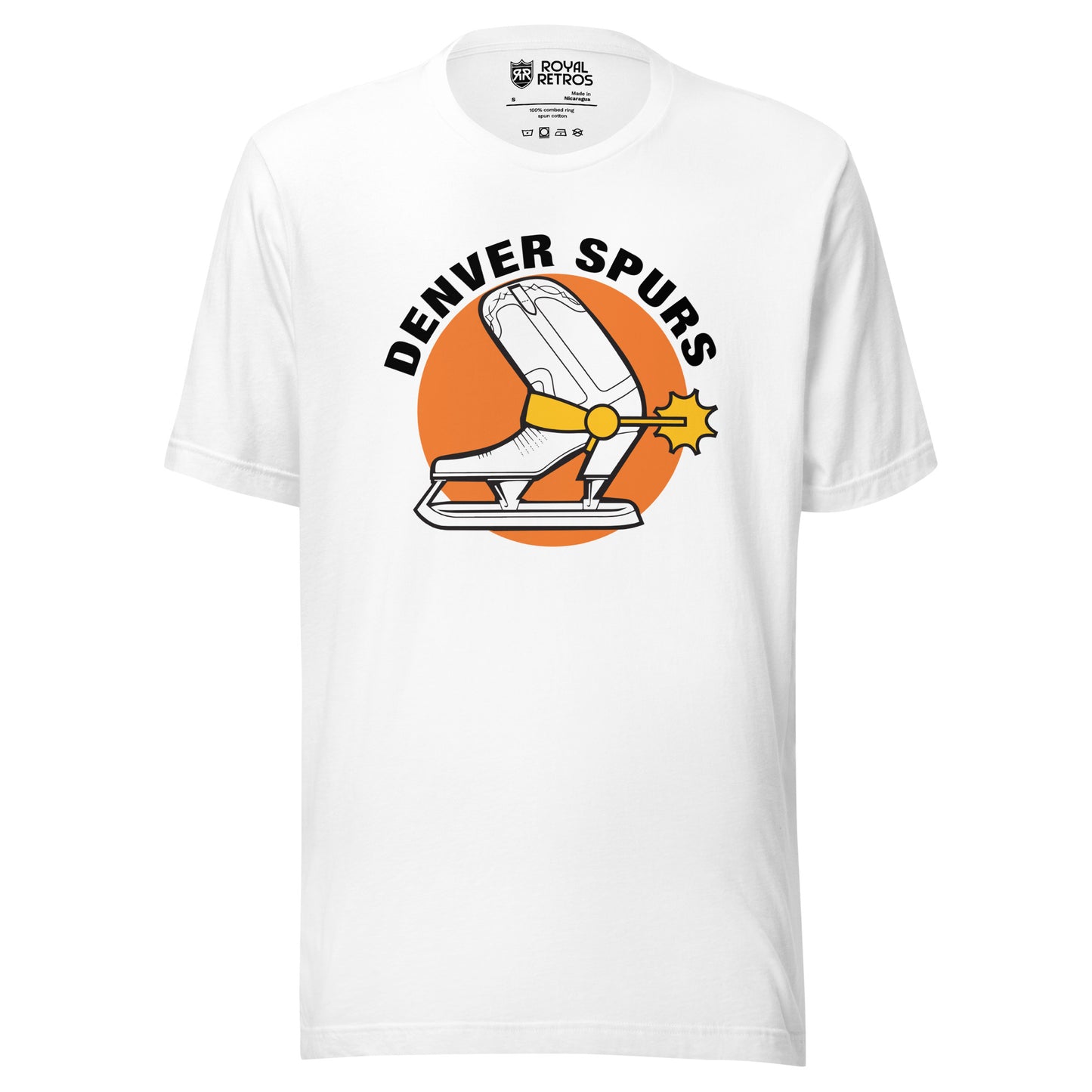 Denver Spurs WHA T-shirt. Light White. Denver Spurs in black arched over orange circle. White cowboy boot facing left, coming slightly out of circle. Skate underneath. Gold buckle and spur on boot/skate. Royal Retros