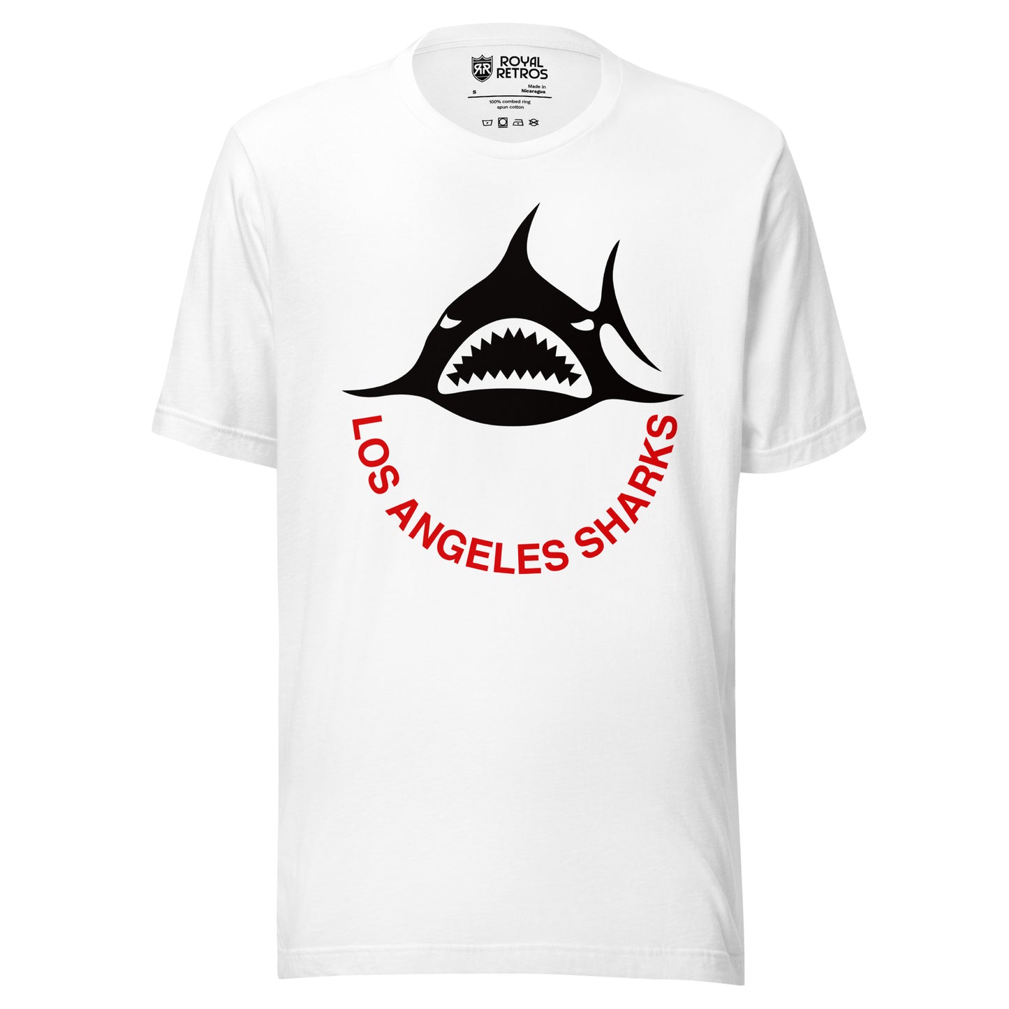 Los Angeles Sharks. WHA T-shirt. Black. Black shark, straight on, with white teeth.  Los Angeles Sharks curved below in red. Royal Retros