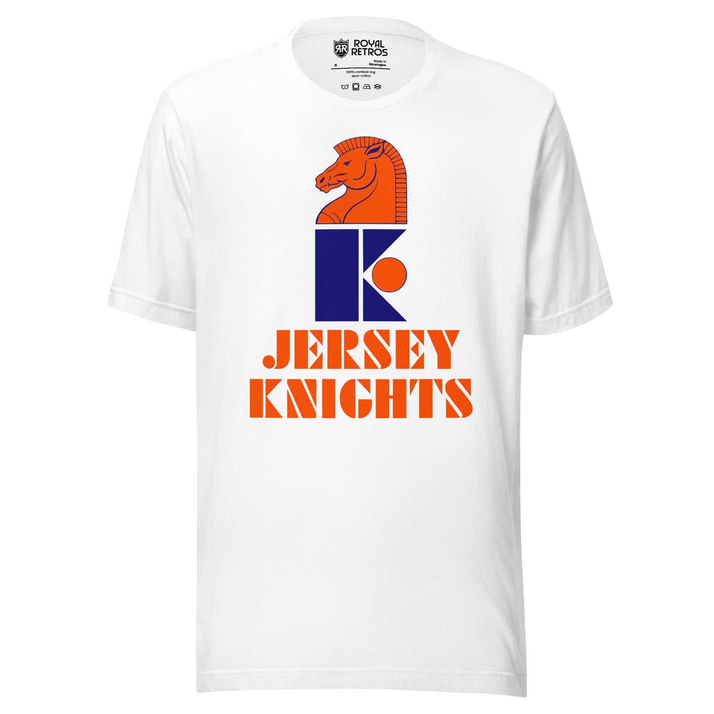 Jersey Knights WHA T-Shirt. White. Blue K with Horse Knight head in orange on top facing left. Orange circle next to K. Jersey above Knights both in orange below K. Royal Retros