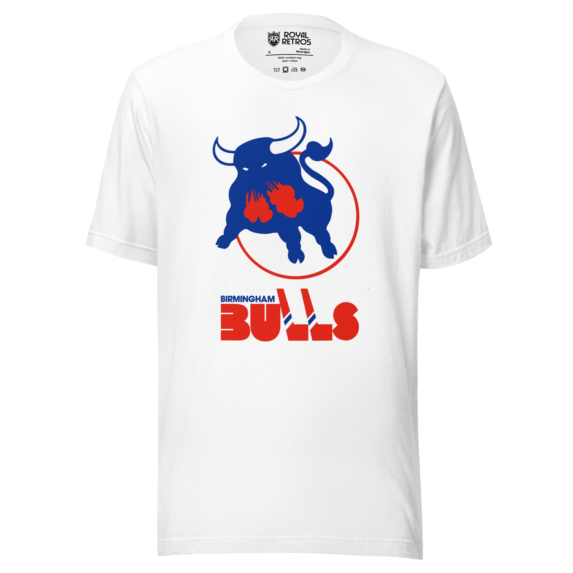 WHA Birmingham Bulls logo T-shirt. White. Blue bull snorting red steam on white circle. Birmingham small over large BULLS, Ls are hockey sticks. Royal Retros