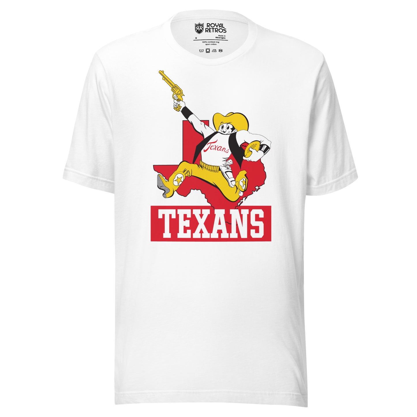 Dallas Texans AFL T-shirt. White. Cartoon cowboy in gold hat, white shirt, gold pants and boots, running with revolver in right hand football under left arm. Red outline of Texas behind. Texans in white on red rectangle. Royal Retros.