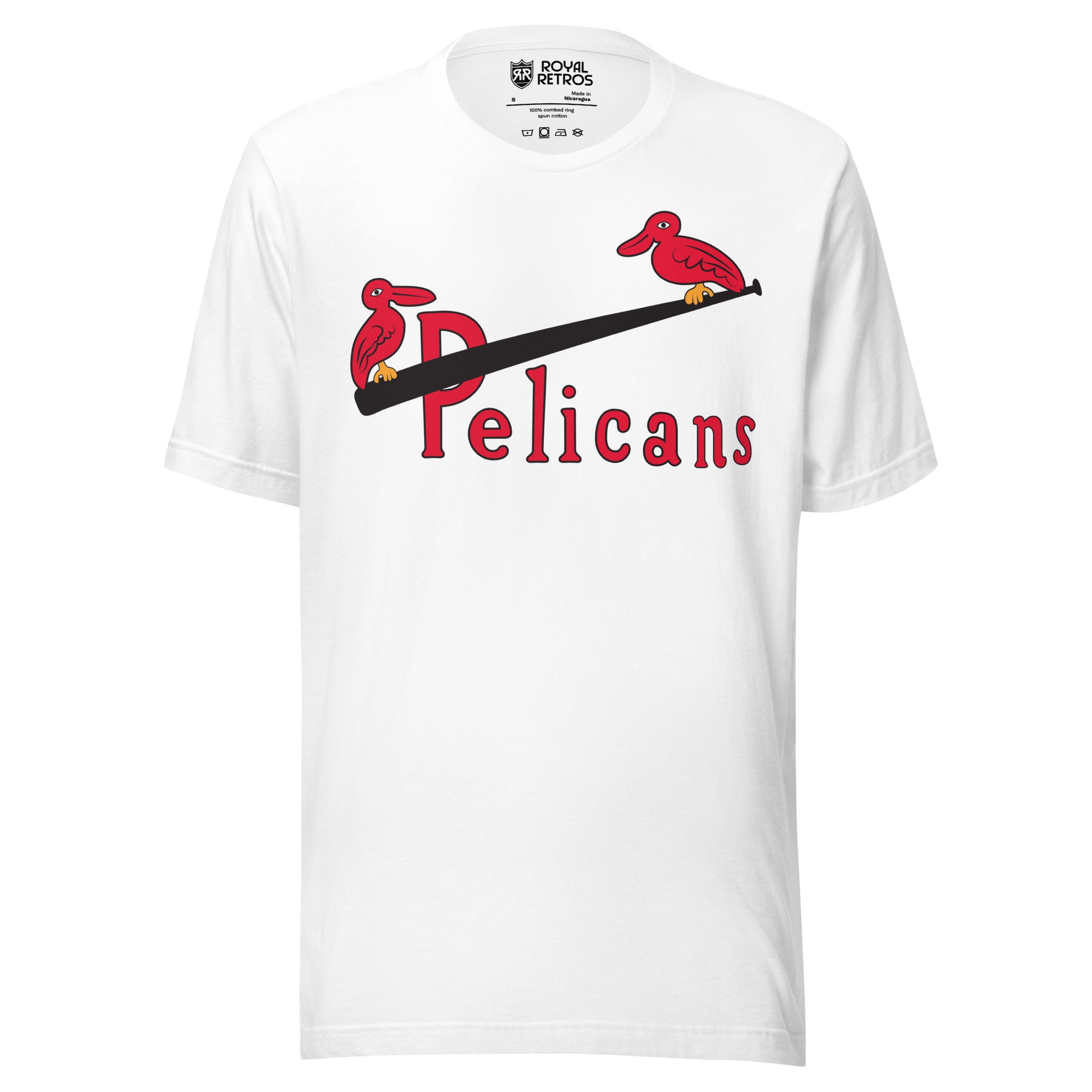 New Orleans Pelicans T-shirt white. Pelicans in red across chest. Bat going through P with red pelicans sitting on either end. Royal Retros