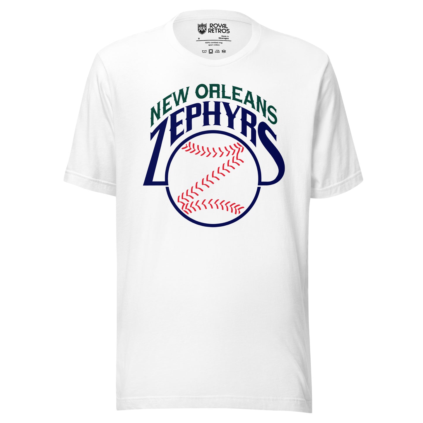 ew Orleans Zephyrs T-shirt. White. New Orleans arched in green above Zephyrs arched in blue. Baseball below with stitches forming a Z. Royal Retros