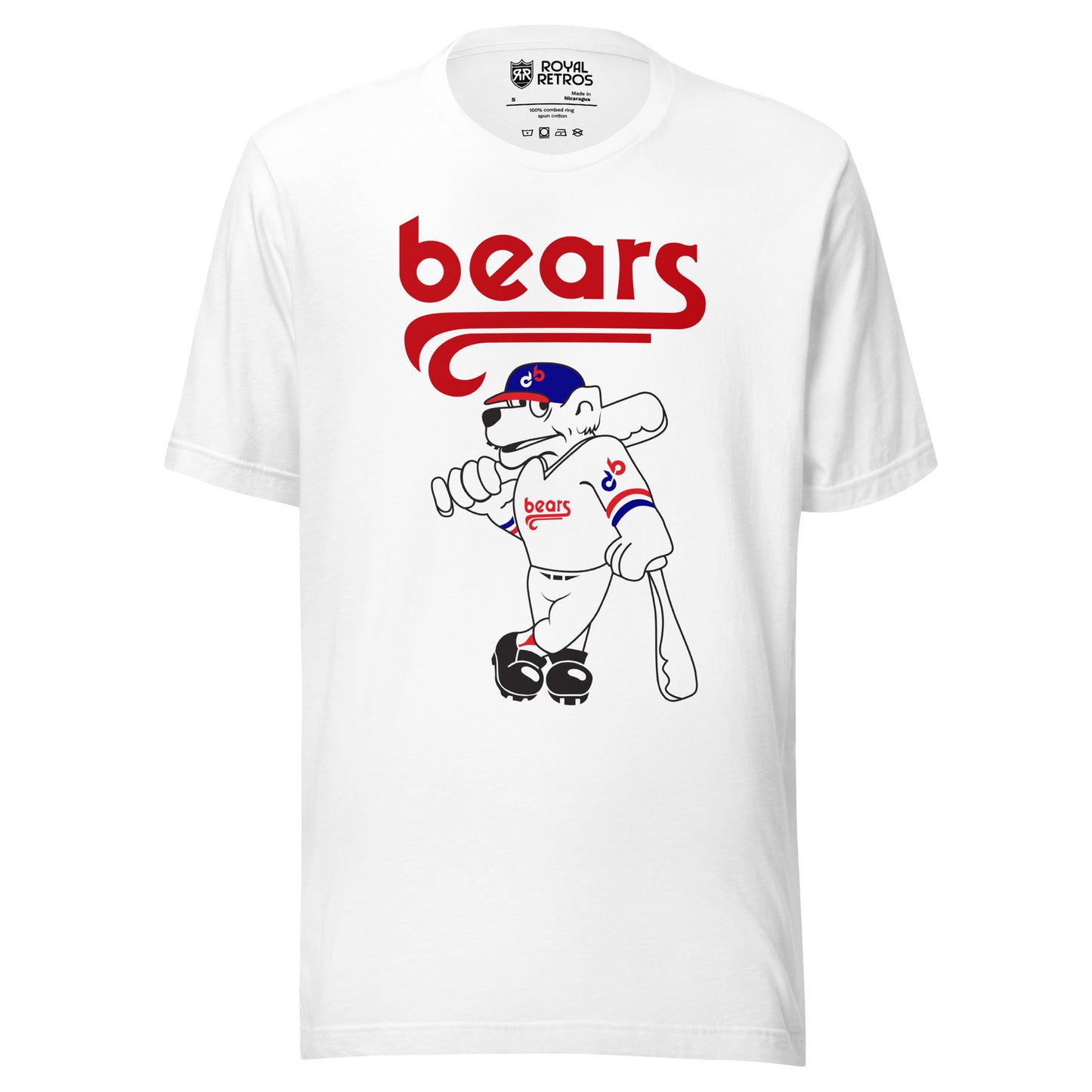 Denver Bears T-shirt. White. Stylized "bears" in red over White bear in blue cap with red bill holding a bat over its shoulder. "Bears" on bear's jersey. Royal Retros