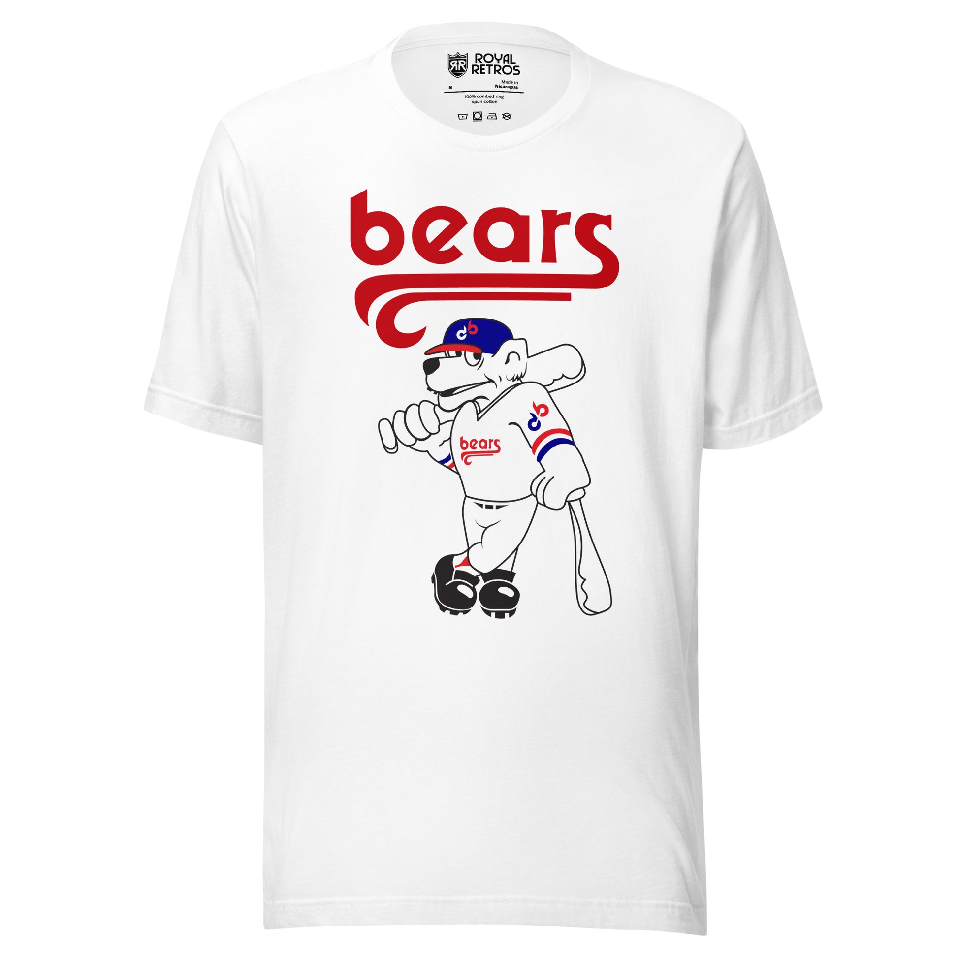 Denver Bears T-shirt. White. Stylized "bears" in red over White bear in blue cap with red bill holding a bat over its shoulder. "Bears" on bear's jersey. Royal Retros