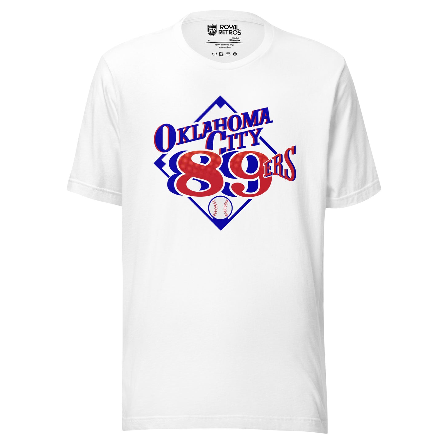 Oklahoma 89ers T-Shirt White. Blue baseball diamond with Oklahoma across, above 3rd base, below 2nd base. 89ers on bottom half of diamond with a baseball below. Royal Retros